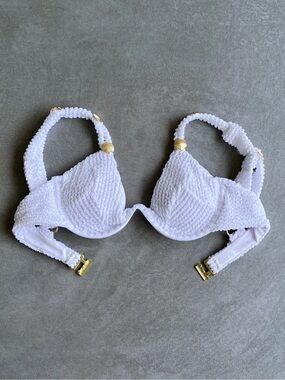 White Textured Bikini Top Gold Accents Seashells